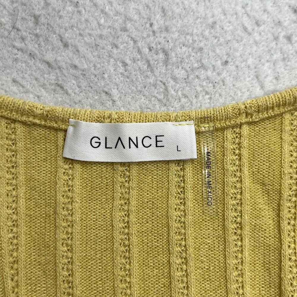 Glance Women's Large Short Sleeve Henley Button Up Pullover Stretch Yellow Top - Picture 3 of 13